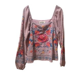 Savanna Jane Pink Embroidered Balloon Sleeve Tunic‎ Blouse Size Small